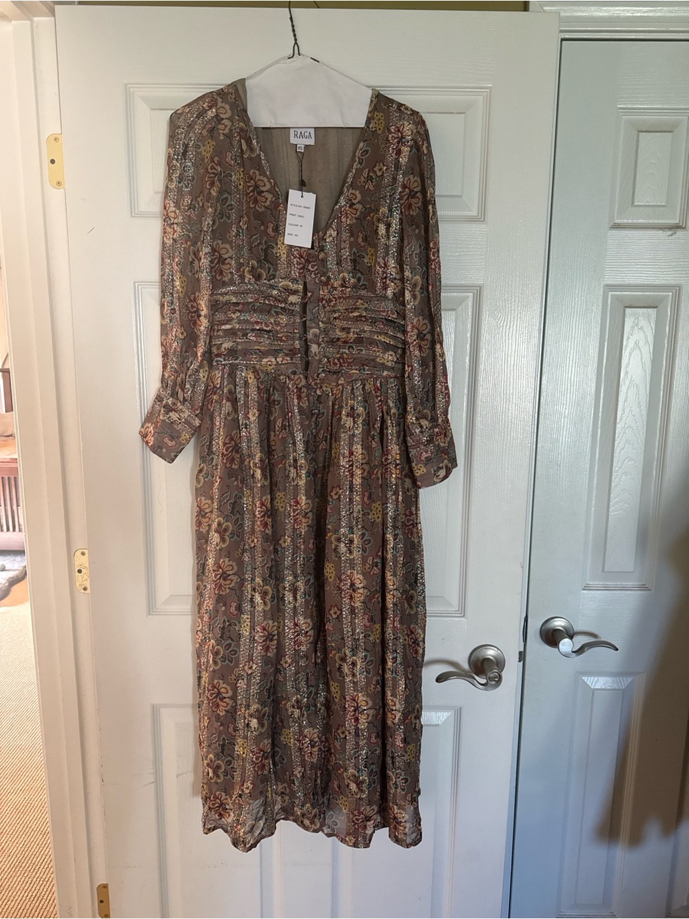 RAGA Brown Floral Long Sleeve Midi Dress with Ruched Bodice